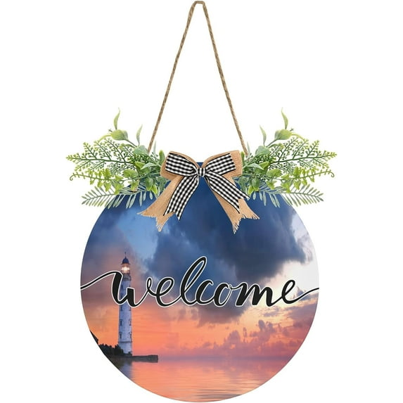 Coolnut Welcome Sign with Wreath for Front Door, Rustic Round Hanging Welcome Sign for Autumn, Fall Door Wall for Home Indoor Outdoor 11.8in, Red and Orange Plaid (Lighthouse) Home Decor