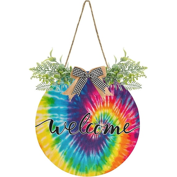 Coolnut Welcome Sign with Wreath for Front Door, Rustic Round Hanging Welcome Sign for Autumn, Fall Door Wall for Home Indoor Outdoor 11.8in, Tie Dye Home Decor