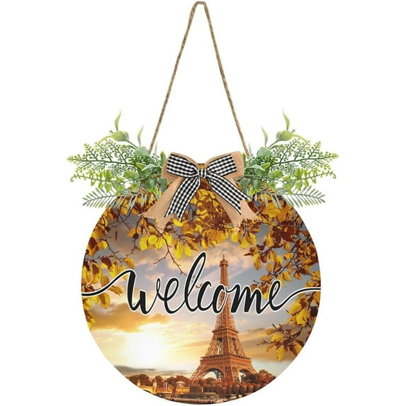 Coolnut Welcome Sign with Wreath for Front Door, Rustic Round Hanging Welcome Sign, Wall Housewarming Gift for Home 11.8in, Beautiful Paris Eiffel Tower Home Decor