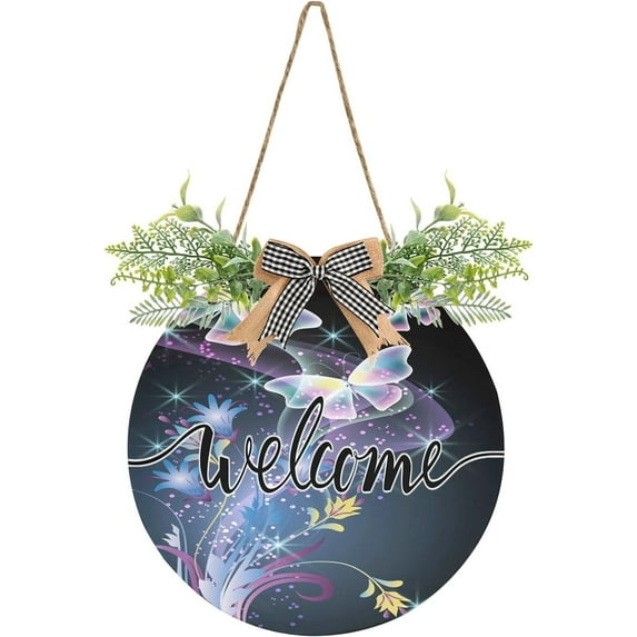 Coolnut Welcome Sign with Wreath for Front Door, Rustic Round Hanging Welcome Sign, Wall Housewarming Gift for Home 11.8in, Dream Butterfly Home Decor
