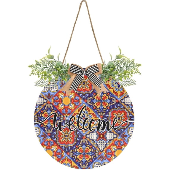 Coolnut Welcome Sign with Wreath for Front Door, Rustic Round Hanging Welcome Sign, Wall Housewarming Gift for Home 11.8in, Talavera Ceramic Tile Home Decor