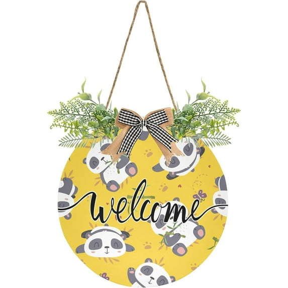 Coolnut Welcome Sign with Wreath for Front Door, Rustic Round Hanging Welcome Sign, Wall Housewarming Gift for Home 11.8in, Yellow Panda Bamboo Home Decor