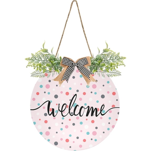 Coolnut Welcome Sign with Wreath for Front Door, Rustic Round Hanging Welcome Sign, Wall Housewarming Gift for Home 11.8in, Pink Polka Dot Home Decor
