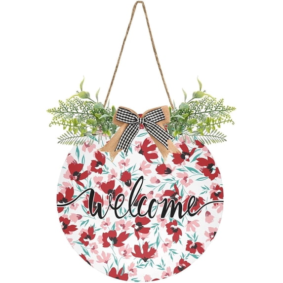 Coolnut Welcome Sign with Wreath for Front Door, Rustic Round Hanging Welcome Sign, Wall Housewarming Gift for Home 11.8in, Red Flower Home Decor