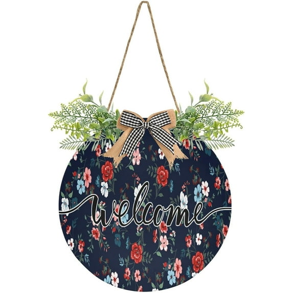 Coolnut Welcome Sign with Wreath for Front Door, Rustic Round Hanging Welcome Sign, Wall Housewarming Gift for Home 11.8in, Rose Floral Home Decor