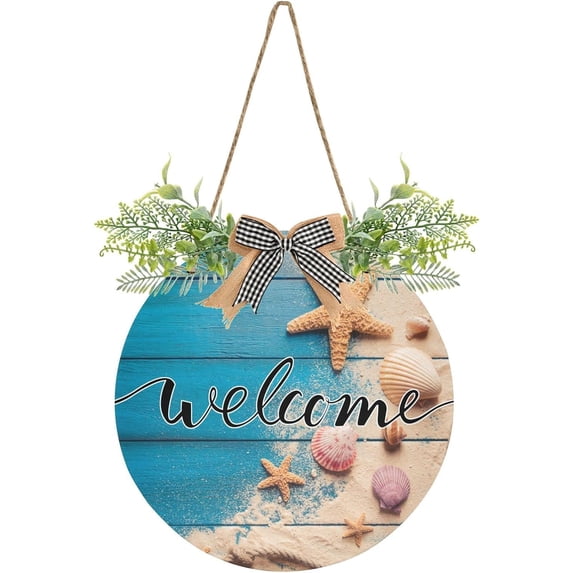 Coolnut Welcome Summer Starfish Blue Wooden Welcome Sign for Front Door, Rustic Wooden Wall Sign with Artificial Leaves for Home Farmhouse Porch, 12" Round Home Decor