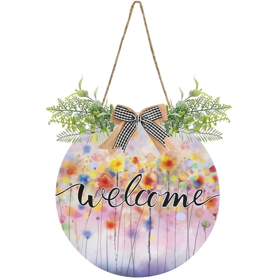 Coolnut Welcome Watercolor Spring Flower Welcome Sign for Front Door, Rustic Wooden Wall Sign with Artificial Leaves for Home Farmhouse Porch, 12" Round Home Decor