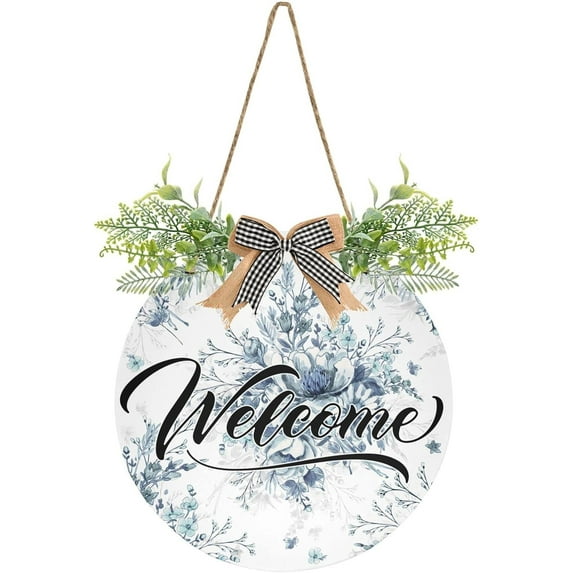 Coolnut Welcome1 Watercolor Bouquet Welcome Sign for Front Door, Rustic Wooden Wall Sign with Artificial Leaves for Home Farmhouse Porch, 12" Round Home Decor