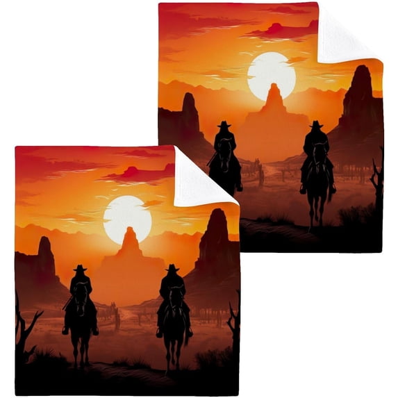 Coolnut Western Cowboy Washcloths 2 Pack, Highly Absorbent Soft Cotton Fingertip Towels for Bathroom, Kitchen, Gym, Spa, Home Decor, 12 x 12 Inch Washcloth Gift