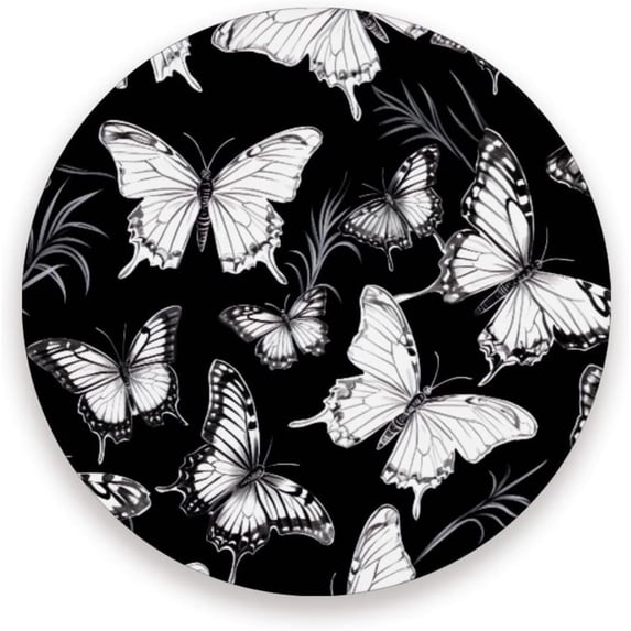 Coolnut White Butterflies Black Coaster, Drinks Round Absorbent Stone Set with Ceramic Stone and Cork Base, Tabletop Protection Mats and Cups Place for 2PCS Home Decor