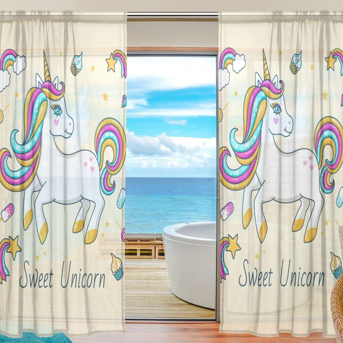 Coolnut White Cute Sweet Unicorn Sheer Gauze Door Curtain Window