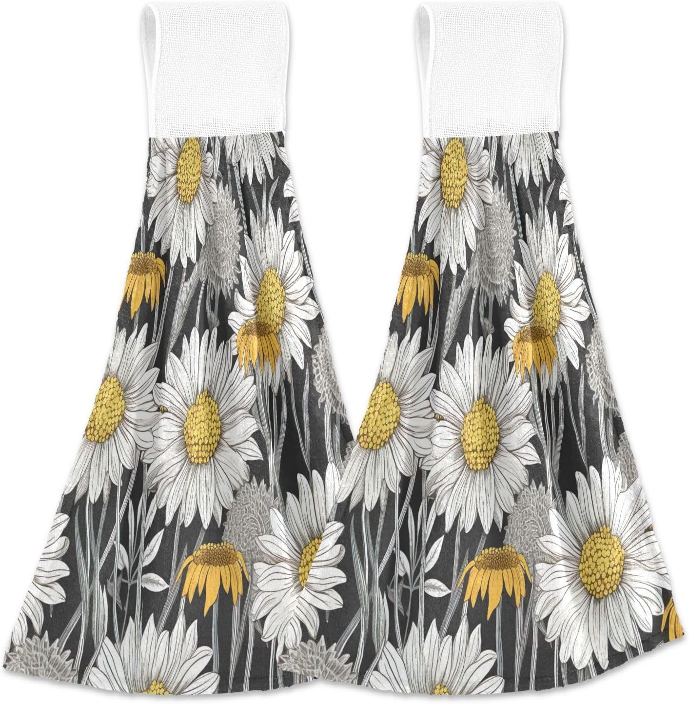 Coolnut White Daisy Hand Towels Set of 2 Soft Absorbent Kitchen Hanging Towels Dish Cloths