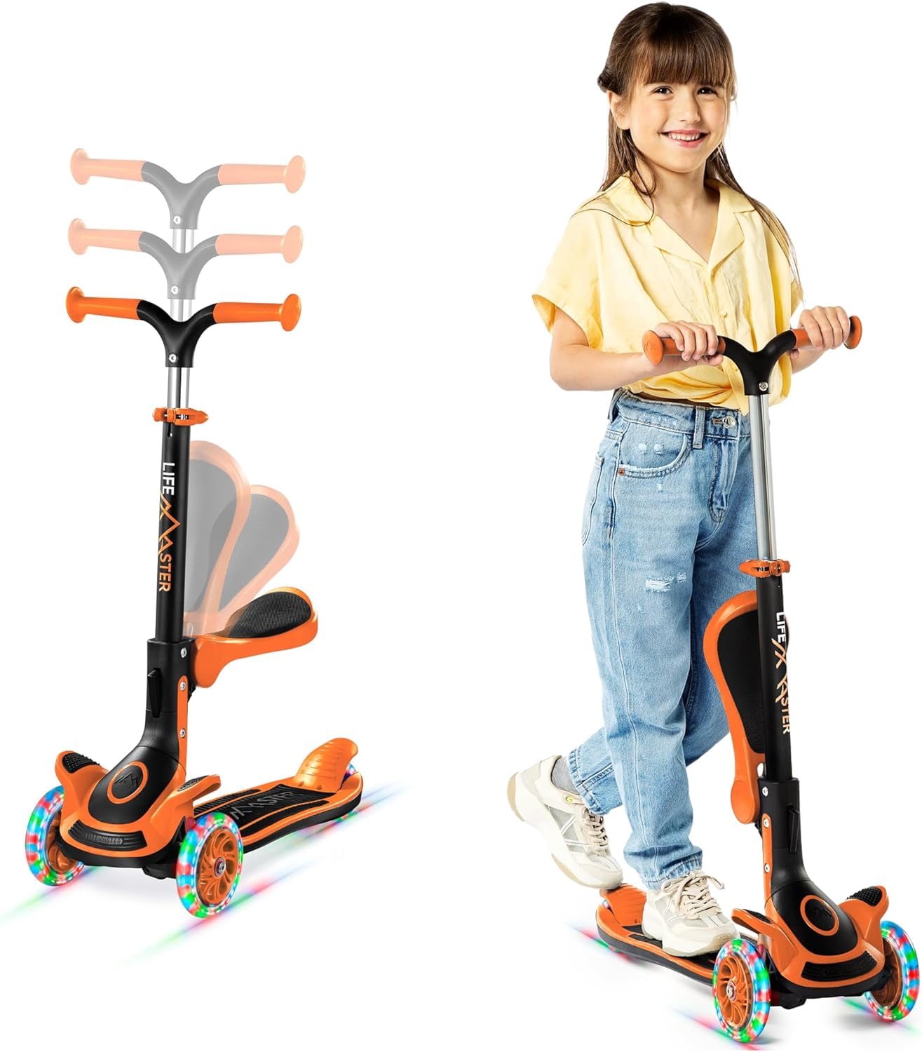 Lifemaster 3 Wheel Kids Scooter with Foldable Seat, Adjustable Handlebar, Lean-to-Steer LED Light-Up Wheels, Wide Anti-Slip Deck for Ages 2+