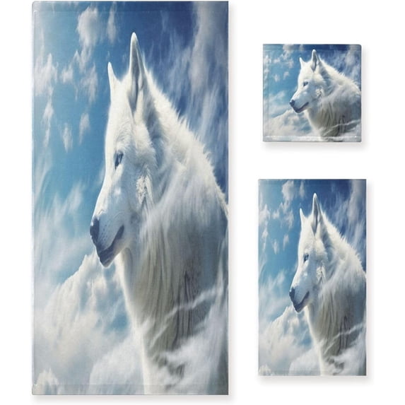 Coolnut White Wolf Towels Absorbent Bath Towels Set Soft & Comfortable Towel Set for Home Hotel Decor, 3 Piece Washcloth Gift