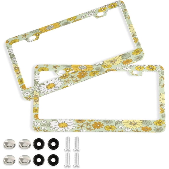 Coolnut White Yellow Flowers License Plate Frame 2 Pack 2 Holes Car Aluminum License Plate Holder Automotive Parts Decoration Universal with Screw Caps Cover