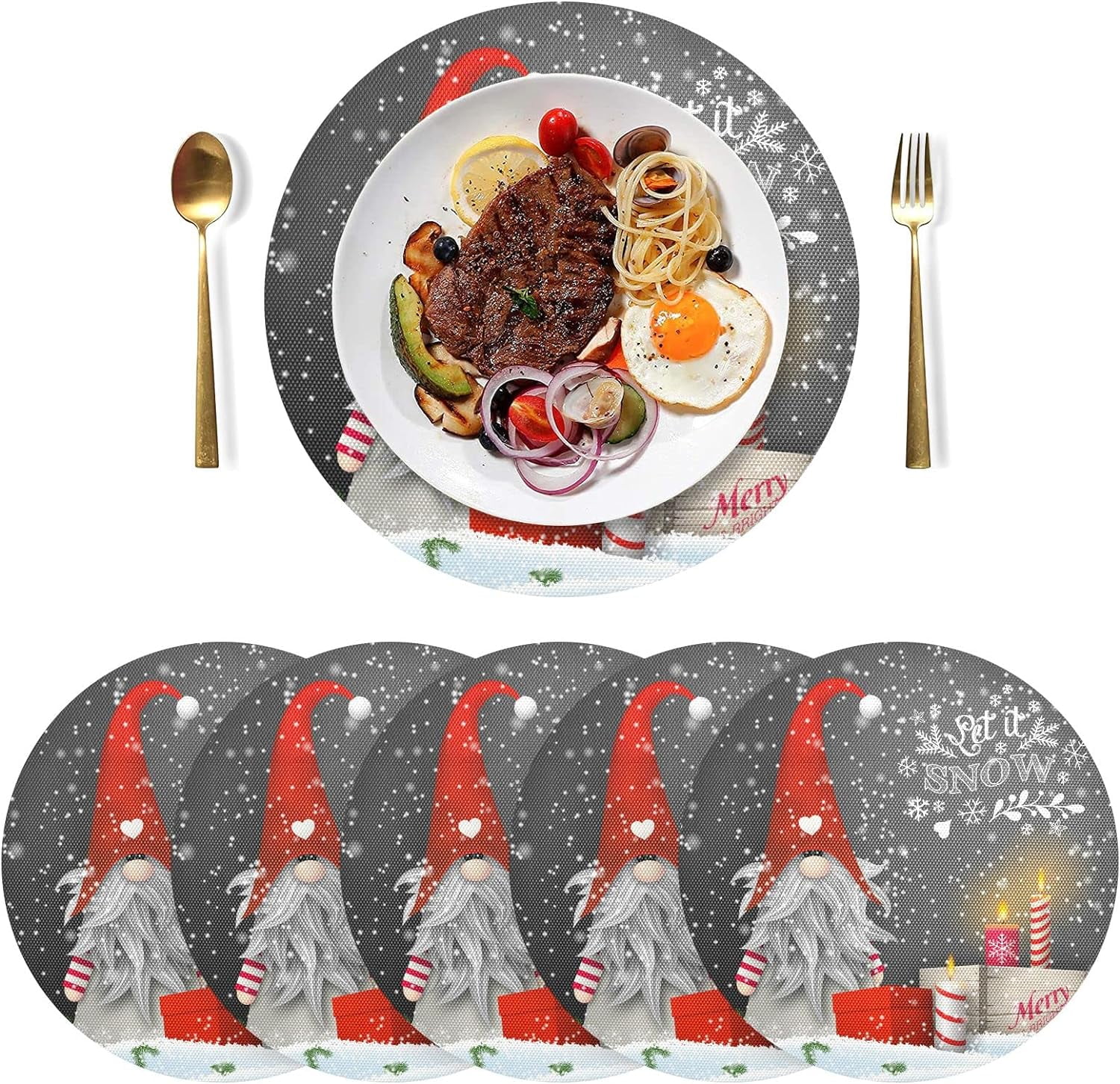 Coolnut Winter Christmas Gnome Placemats 6Pcs,Holidays PVC Weave Place Mats Table Mats NonSlip