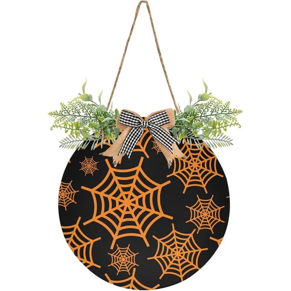 Coolnut Winter Halloween Bat and Spider Web Welcome Sign with Bows and Grass Rings, Round Door Hanging for Holiday Indoor and Outdoor Family Door Wall Home Decor