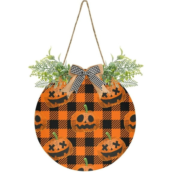 Coolnut Winter Halloween Pumpkin Welcome Sign with Bows and Grass Rings, Round Door Hanging for Holiday Indoor and Outdoor Family Door Wall Home Decor