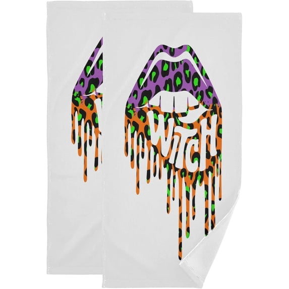 Coolnut Witch Lips Leopard Hand Towels 2 PCS, Ultra Soft and Highly Absorbent, Happy Halloween Decorative Fingertip Towel for Home, Bathroom, Kitchen, 28.3"x14.4"