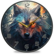 Coolnut Wolf Fire Eyes Wall Clock Round Silent Non Ticking Battery Operated Accurate Arabic Numerals Design Clocks for Home Kitchen Living Room Bedroom 12inch Home Decor