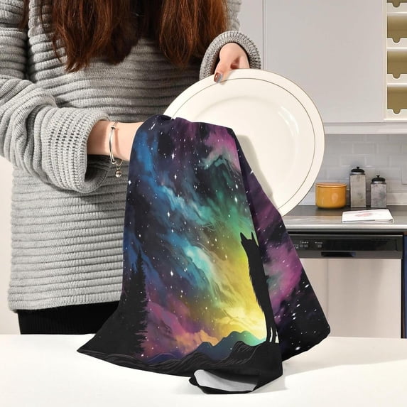 Coolnut Wolf Starry Night Kitchen Towels, 18 x 28 Inch Super Soft and Absorbent Dish Cloths for Washing Dishes, 4 PCS Reusable Multi-Purpose Microfiber Hand Towels for Kitchen