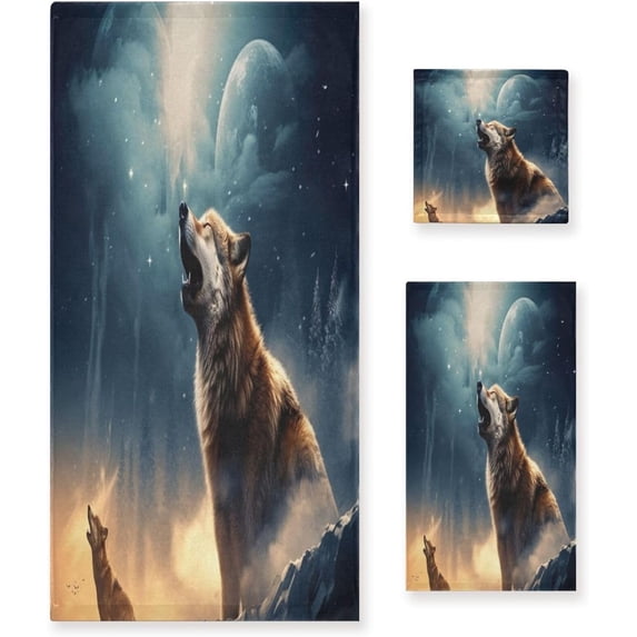 Coolnut Wolf Towels Absorbent Bath Towels Set Soft & Comfortable Towel Set for Home Hotel Decor, 3 Piece Washcloth Gift
