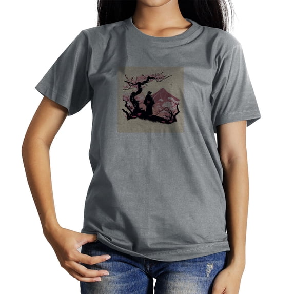 Coolnut Womens T Shirts Fashion Tops, A Japanese Man Stands Near Cherry Blossoms Women's Basic Short Sleeve Tees, Grey Lightweight Casual Summer Clothes, L