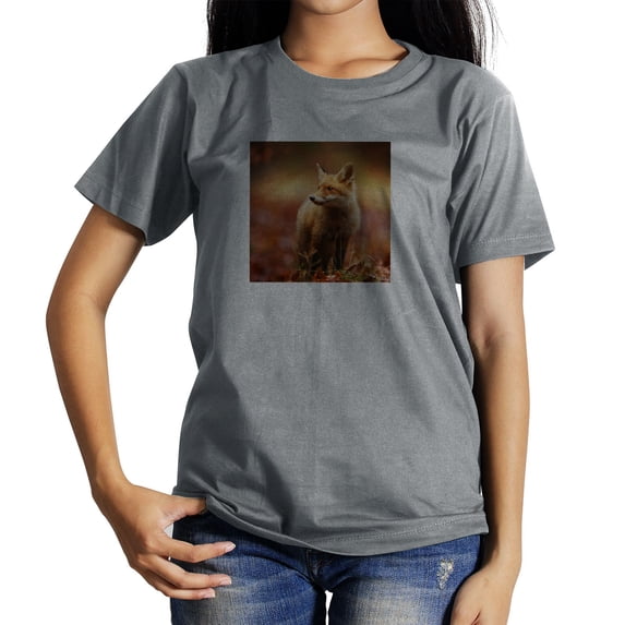 Coolnut Womens T Shirts Fashion Tops, Cautious Fox In Autumn Leaves Women's Basic Short Sleeve Tees, Grey Lightweight Casual Summer Clothes, L