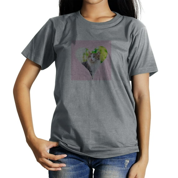 Coolnut Womens T Shirts Fashion Tops, Cute Cat In Heart Shape Women's Basic Short Sleeve Tees, Grey Lightweight Casual Summer Clothes, XL