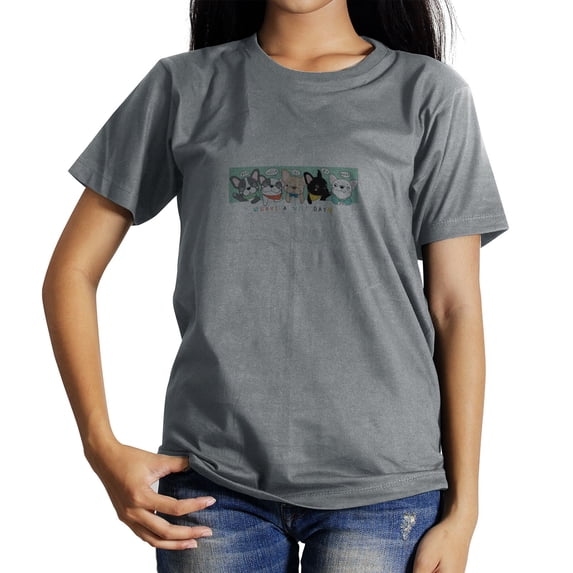 Coolnut Womens T Shirts Fashion Tops, Cute Doodle French Bulldog Women's Basic Short Sleeve Tees, Grey Lightweight Casual Summer Clothes, 2XL