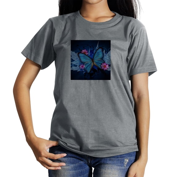 Coolnut Womens T Shirts Fashion Tops, Dreamy Blue Butterfly And Flower Women's Basic Short Sleeve Tees, Grey Lightweight Casual Summer Clothes, 2XL