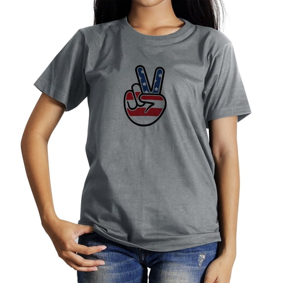 Coolnut Womens T Shirts Fashion Tops, Hand Peace Sign With American Flag Women's Basic Short Sleeve Tees, Grey Lightweight Casual Summer Clothes, L