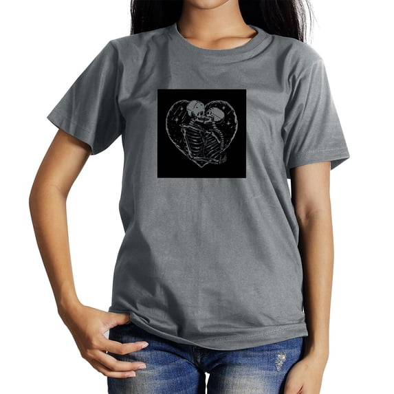 Coolnut Womens T Shirts Fashion Tops, Skull Love Kiss Illustration Women's Basic Short Sleeve Tees, Grey Lightweight Casual Summer Clothes, L