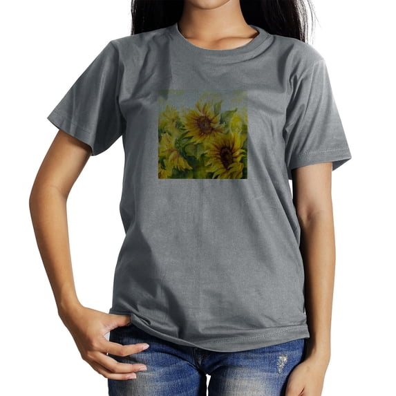 Coolnut Womens T Shirts Fashion Tops, Sunflower Oil Painting Style Women's Basic Short Sleeve Tees, Grey Lightweight Casual Summer Clothes, L