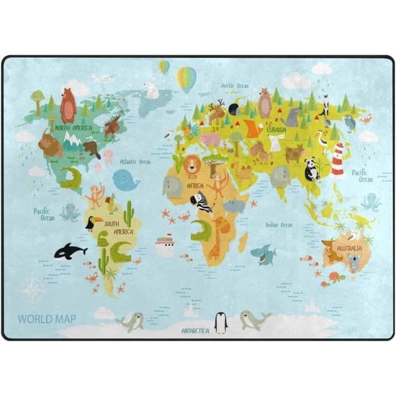 Coolnut World Map and Cartoon Animals Area Rug, 4'x5' Pet & Child Friendly Carpet for Living Room Bedroom Dining Room,Indoor Outdoor Soft Rug Washable Non Slip Comfortable Area Rug