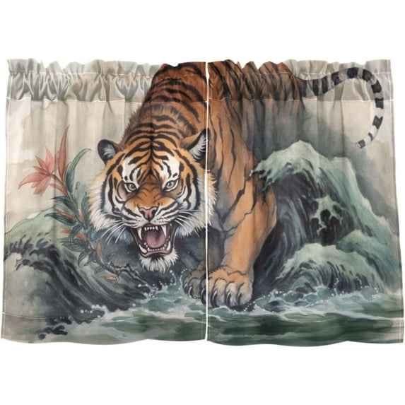 Coolnuti Vintage Tiger Painting Valances for Windows 24 Inch Small Window Blackout Valance Curtains Rod Pocket Window Curtains Treatment for Kitchen Bathroom Cafe, 1 Panel Home Decor