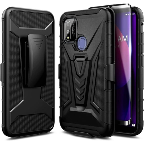 Coolpad SUVA Phone Case with Tempered Glass Screen Protector (Full Coverage), Nagebee Belt Clip Holster with Built-in Kickstand, Heavy Duty Shockproof Armor Rugged Case (Black)