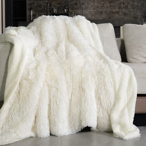 Coolplus Faux Fur Throw Blankets 50x60 Inches, Soft Fuzzy Sherpa Blankets for Sofa, Couch and Bed, Plush Fluffy Fleece Blankets, Long Hair Blanket, Cream White