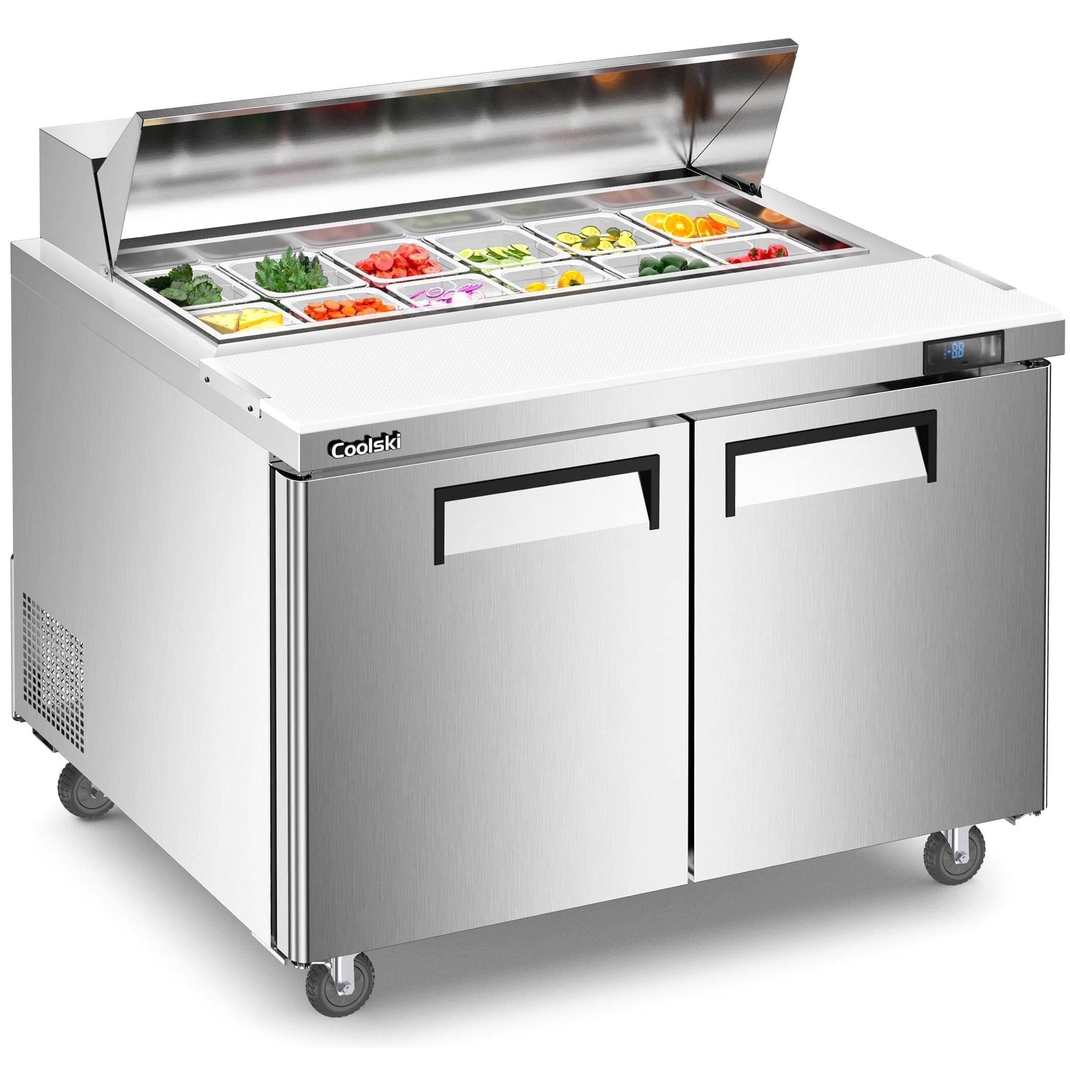 Coolski 48 Wide Commercial Salad Bar Refrigerator, Refrigerated Sandwich Salad Prep Table with 2 Doors, Stainless Steel Prep Fridge for Commercial Kitchen Restaurant, NSF Certified