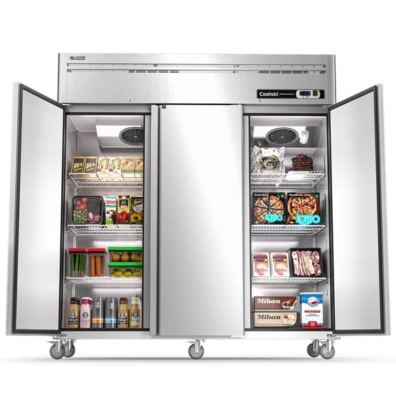 Coolski 72.8 in. 54 cu. ft. Auto / Cycle Defrost Commercial Freezer Reach in 3 Door Upright Freezer in Stainless Steel