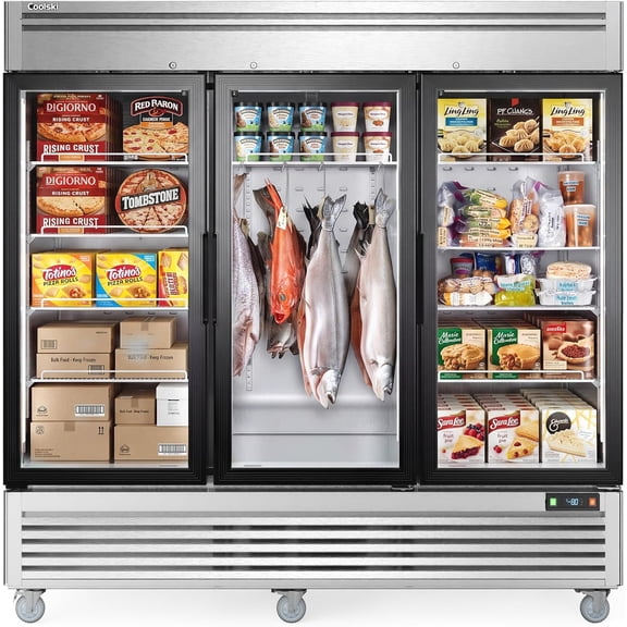 Coolski 82 in. 78.2 cu. ft. Auto / Cycle Defrost 3-Glass Door Commercial Reach In Display Upright Freezer in Stainless Steel