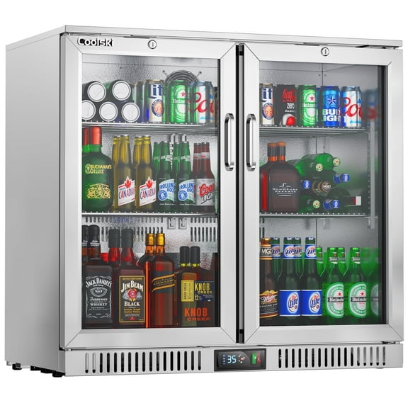 Coolski Undercounter Beverage Refrigerator, 36’’ Wide Commercial Back Bar Cooler Fridge with 2 Glass Doors, ETL NSF Approved