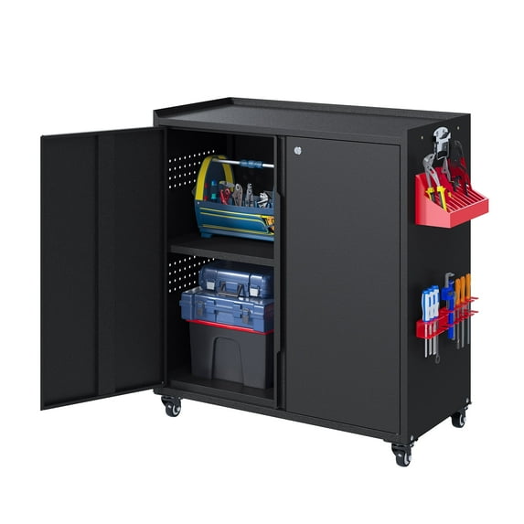 Coolsun Garage Storage Cabinet with Wheels, 31.5" H Tool Cabinet with Adjustable Shelves and Doors, Metal Garage Cabinet for Hanging Tools, Lockable Cabinet for Garage, Warehouse