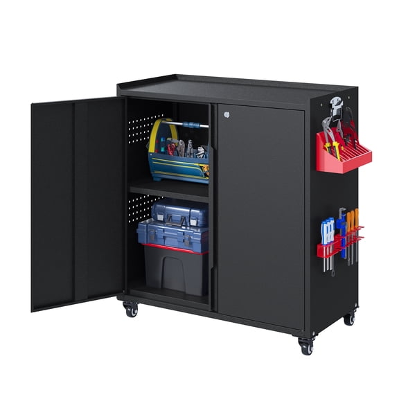 Coolsun Garage Storage Cabinet with Wheels, 31.5" H Tool Cabinet with Adjustable Shelves and Doors, Metal Garage Cabinet for Hanging Tools, Lockable Cabinet for Garage, Warehouse