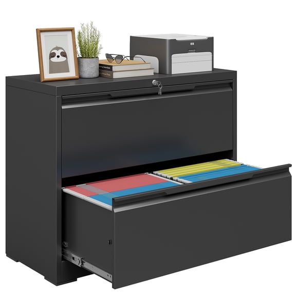 Coolsun Lateral File Cabinet, 2 Drawer File Cabinet with Lock, Wide Filing Cabinet for Home Office, Metal Locking Cabinet for Hanging A4/F4/Letter/Legal, Assembly Required (Black, 2 Drawer)