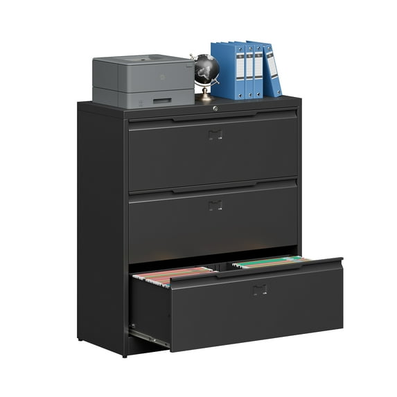 Coolsun Lateral File Cabinet, 3 Drawer File Cabinet with Lock, Wide Filing Cabinet for Home Office, Metal Locking Cabinet for Hanging A4/F4/Letter/Legal, Assembly Required (Black, 3 Drawer)