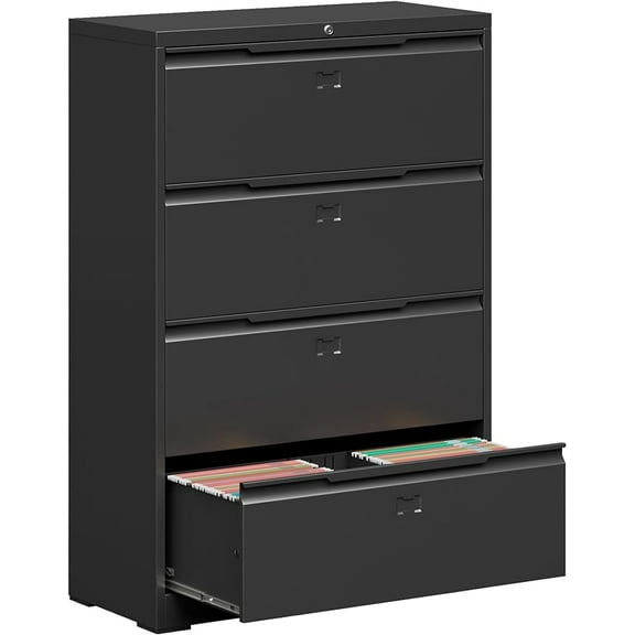 Coolsun Metal Lateral File Cabinet, 4 Drawer File Cabinet with Lock, Wide Filing Cabinet for Home Office, Locking Storage Cabinet for Hanging A4/F4/Letter/Legal, Assembly Required (Black, 4 Drawer)