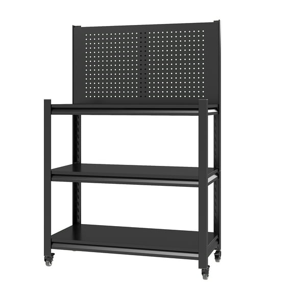 Coolsun Metal Shelves with Wheels, 3 Tier Garage Storage Shelves, Heavy Duty Garage Shelving with Removable PegBoard, Movable Shelving Unit for Garage, Kitchen, Warehouse, 48.15" H*33.46" W*17.72" D