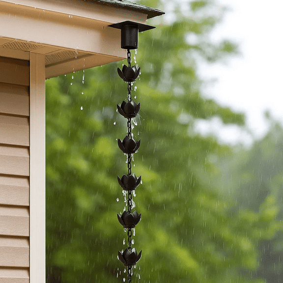 Cooltop 8.5 ft Rain Chain with 12 Lotus Cups for Gutters Outdoor Decor, Decorative ,Adjustable,Black