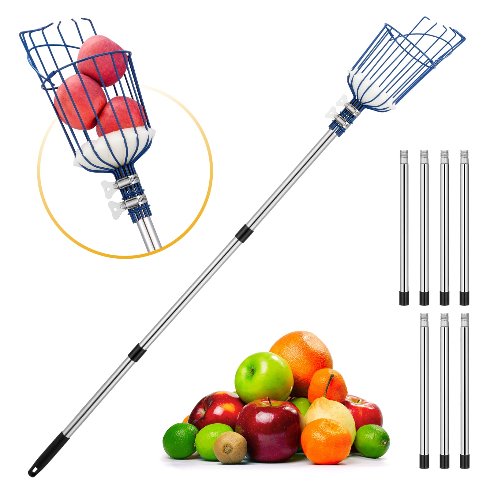 Cooltop Fruit Picker, 13 FT Picker Pole with Basket, Adjustable Fruit  Picker Tool with Stainless Steel Connecting Pole with Foam Pad, Metal Clamp